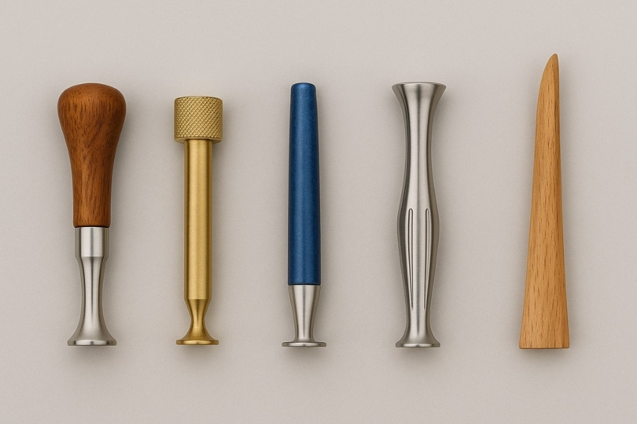 Five different pipe tampers in various shapes and materials arranged on a light background.          Ask ChatGPT